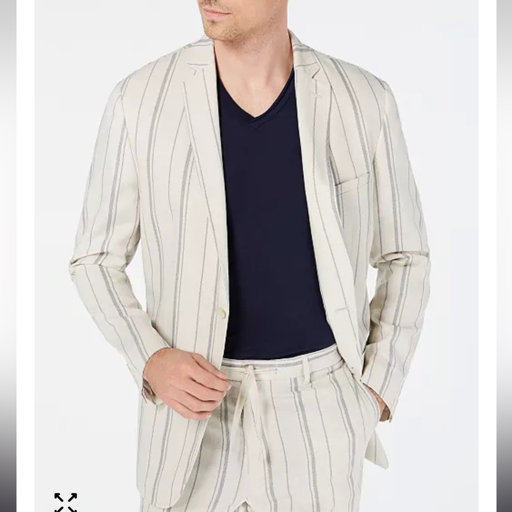 INC International Concepts Striped Linen Blend Blazer Cream Blue Size M